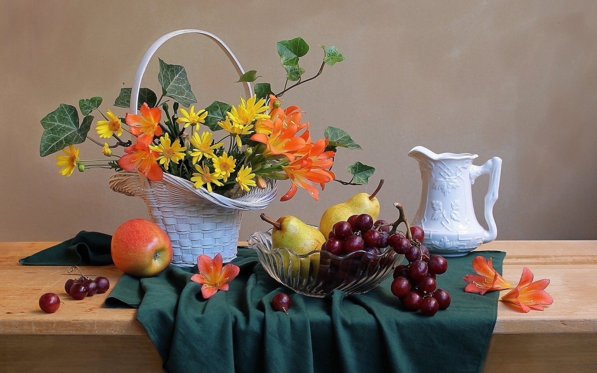 obst trauben bett birnen blumen apfel einkaufen krug vase