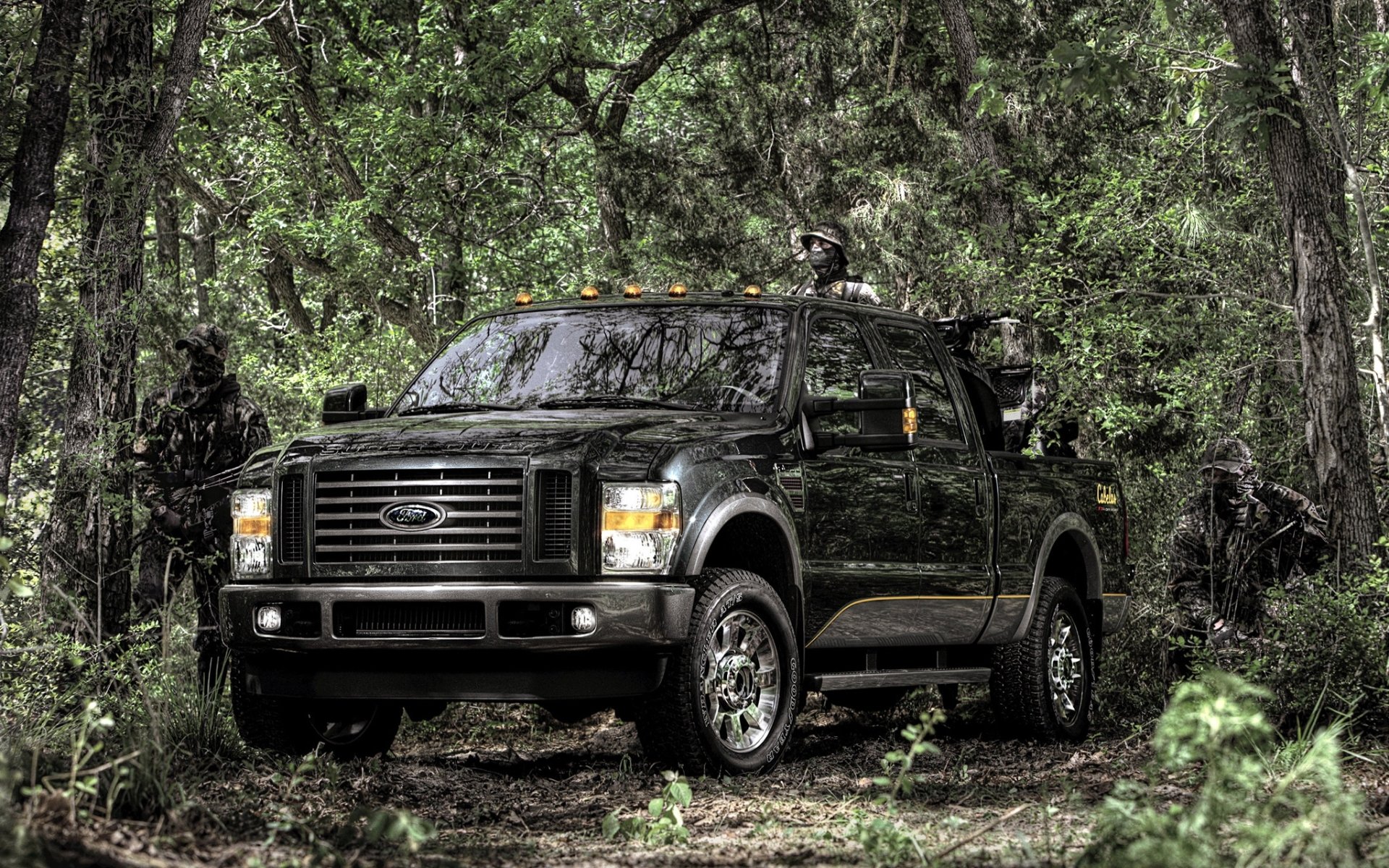 ford f-350 super duty cabelas edición fx4 f-350 super duty pickup jeep suv frente personas camuflaje bosque fondo