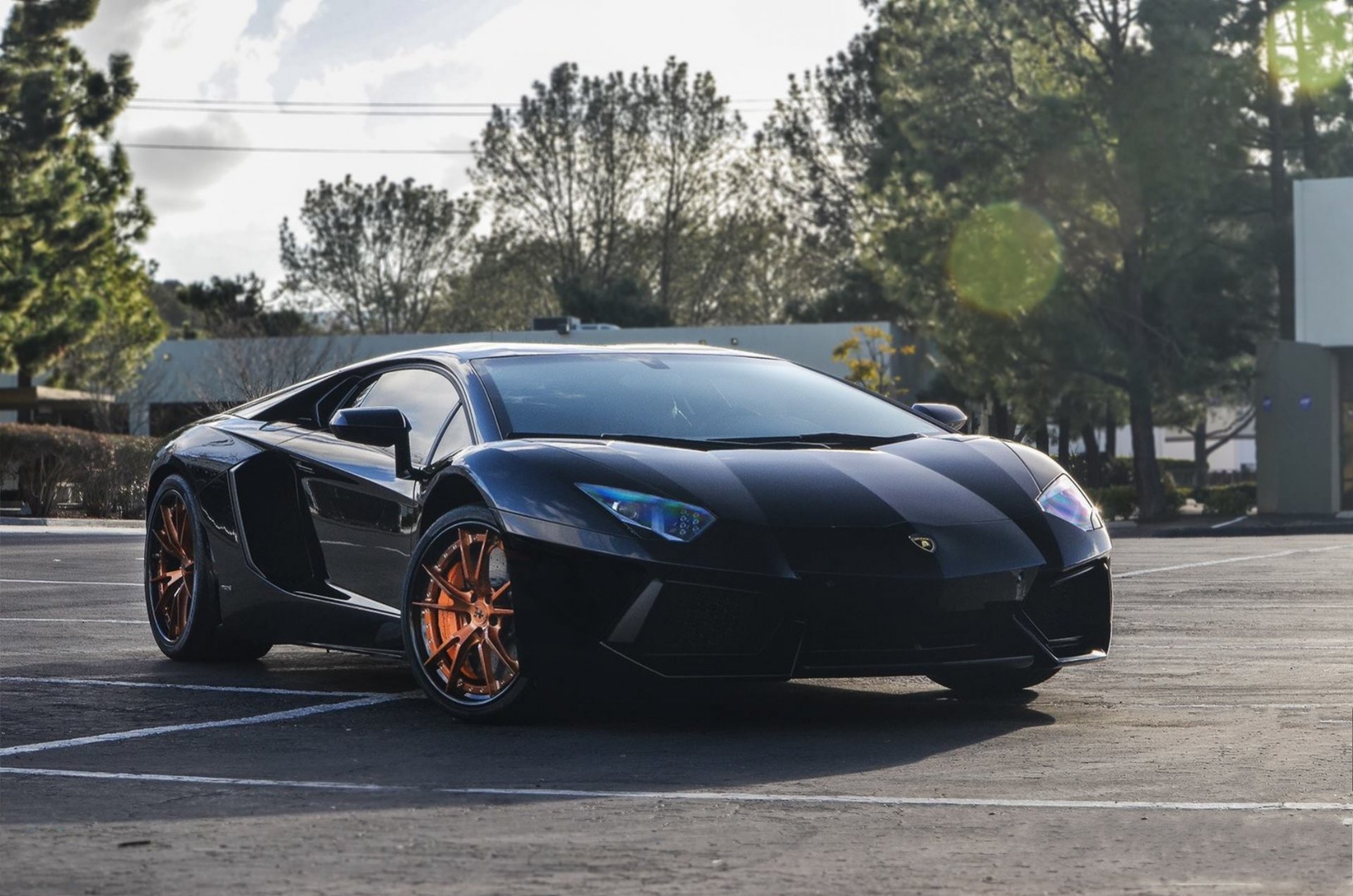 lamborghini aventador lp700-4 negro lamborghini aventador vista frontal sombra cielo nubes árboles