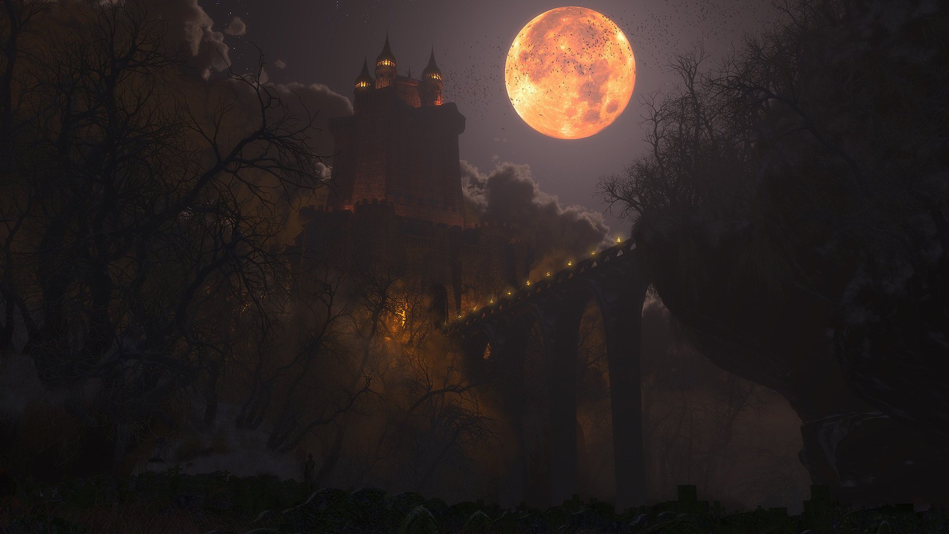 dracul bridge night the moon castle happy halloween digital graphics light