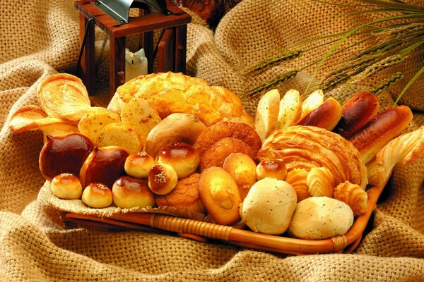 Abundance of bread and pastries on a tray