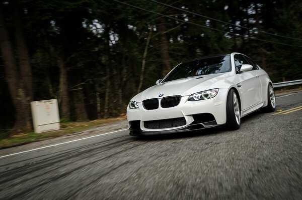 En el camino blanco BMW en el bosque