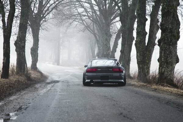 Nissan s13 nella nebbia della foresta