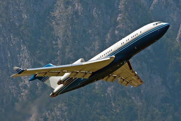 A Boeing taking off against the background of a forest