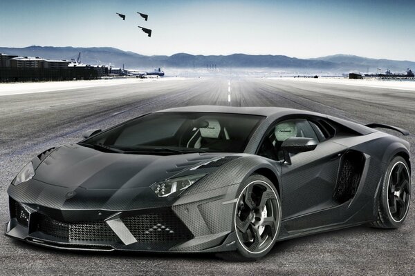 Grey Lamborghini Aventador on the runway