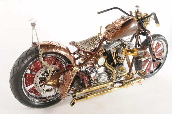 Stylish shiny motorcycle with gold pipes