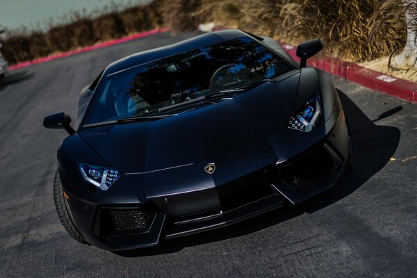 Supercar black Lamborghini standing on the road