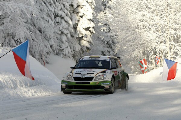 Skoda fabia rally in a snowy winter forest