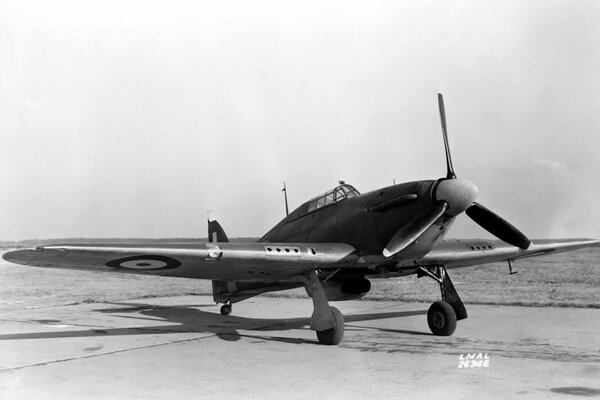 Brytyjski myśliwiec na czarno-białej fotografii