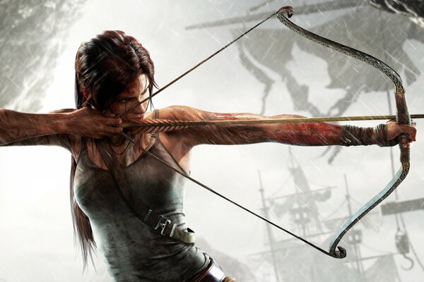 Brunette with long hair shoots an arrow