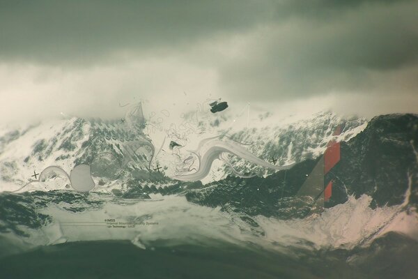 Gray photo of snow-capped mountains in winter