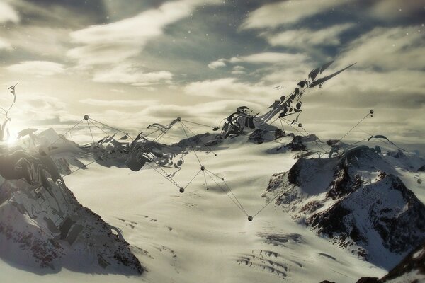 Schnee in den Bergen. Linien und Punkte auf dem Hintergrund der Berge