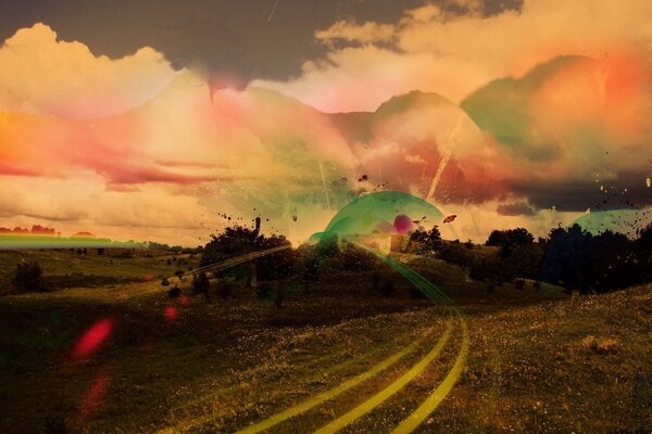 Procesamiento fotográfico del campo de otoño, nubes de arco iris