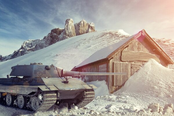 Deutscher Panzer in einem verschneiten Dorf