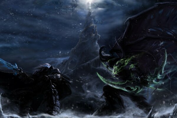 Batalla de monstruos durante una tormenta de noche