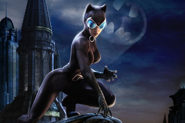 Catwoman auf einem Wolkenkratzer Hintergrund in der Nacht