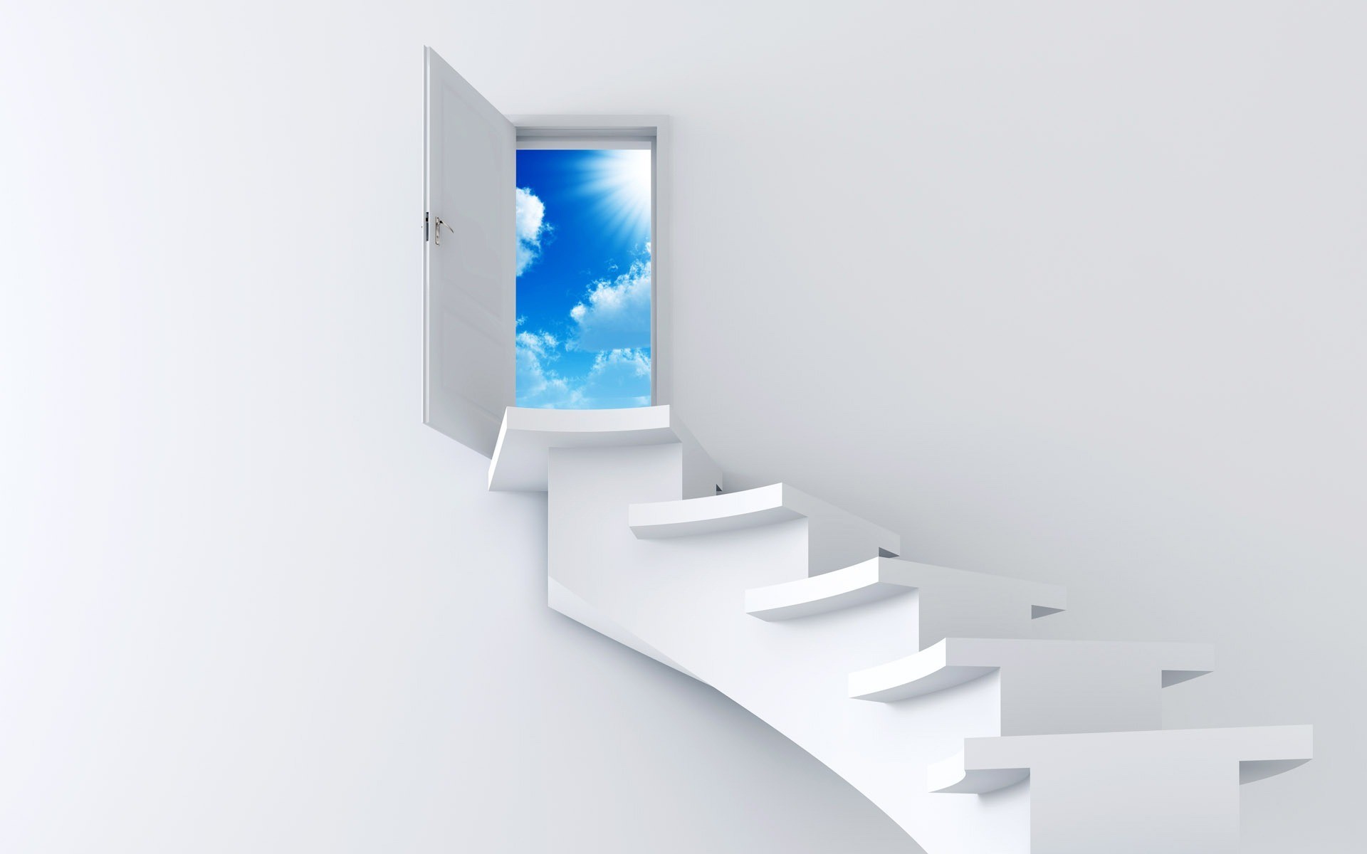 escalier ciel blanc porte