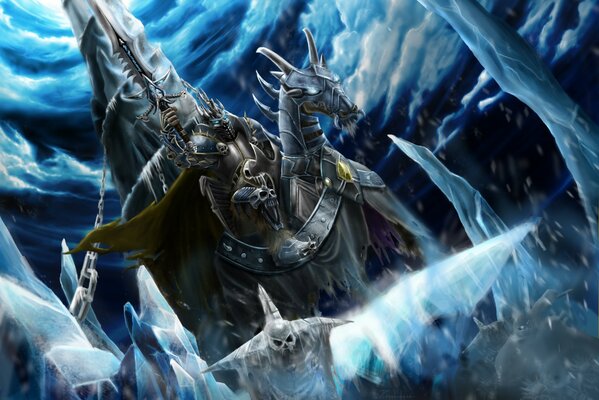 Dessin du jeu warcraft. morts-vivants sur un cheval avec une épée dans les mains sur fond de glace