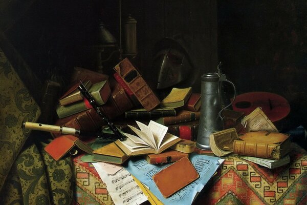 Still life table with books and sheet music