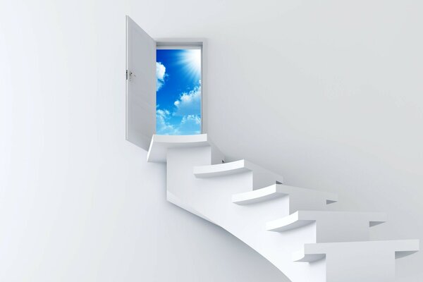 Escalera blanca al cielo con puerta