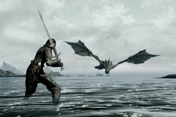 A warrior with a sword standing in the water waiting for a flying dragon