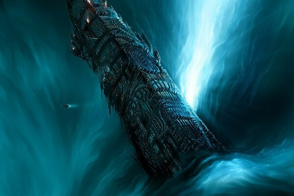 Futuristic image of a falling tower