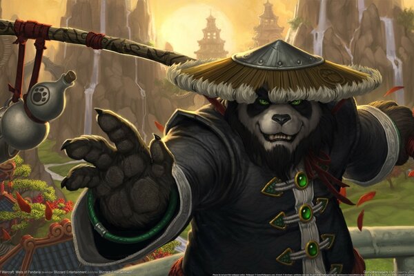 Kung Fu panda warrior in hat and kimono