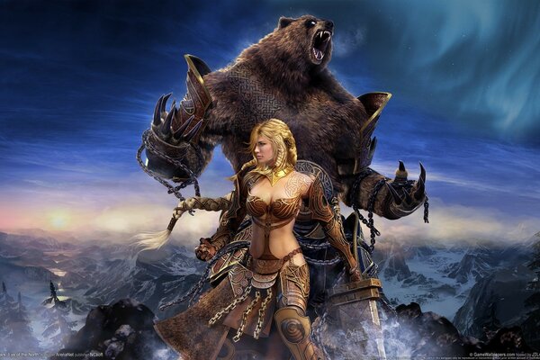 A girl with a monster bear. fantasy