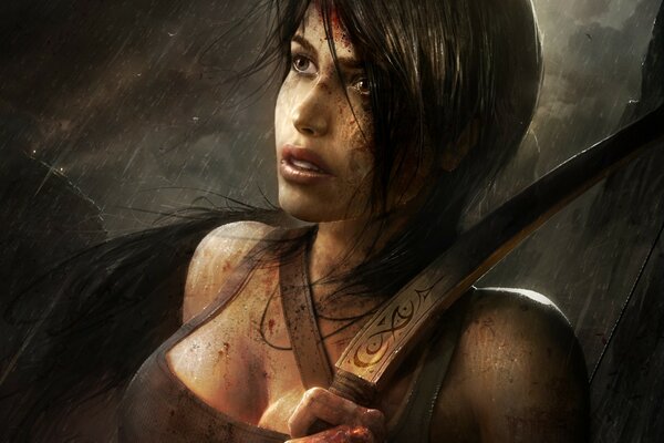 Ein Bild aus dem Spiel lara croft mit einem Bogen