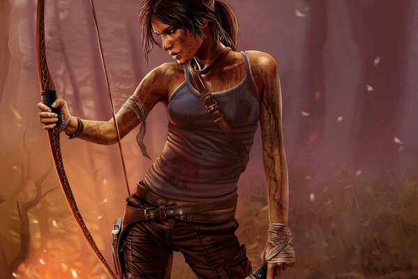 Dessin de Lara Croft avec un arc dans les mains