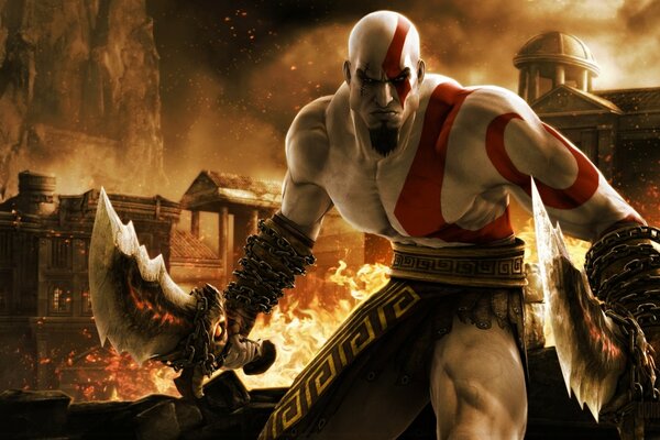 Kratos The Ghost of Sparta against the background of burning Poseidon