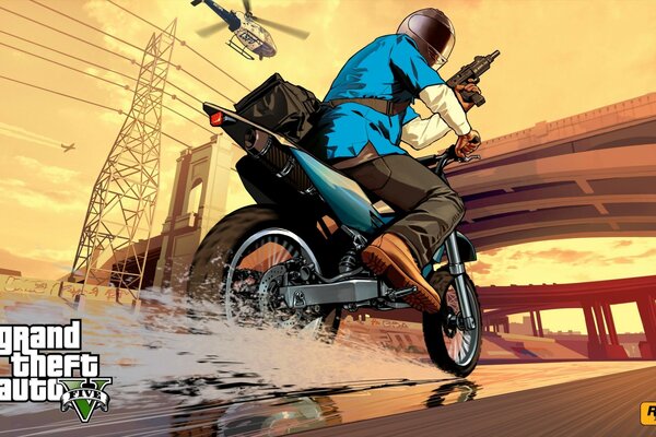 Personnage sur une moto du jeu d ordinateur GTA 5