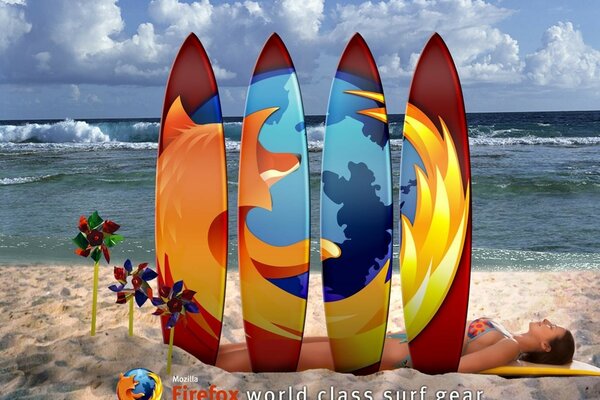 Логотип Firefox в виде лодок для сёрфинга