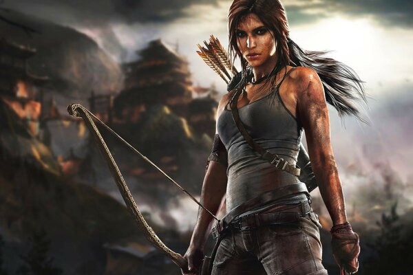 Nouvelle Lara Croft avec un arc en regardant la caméra