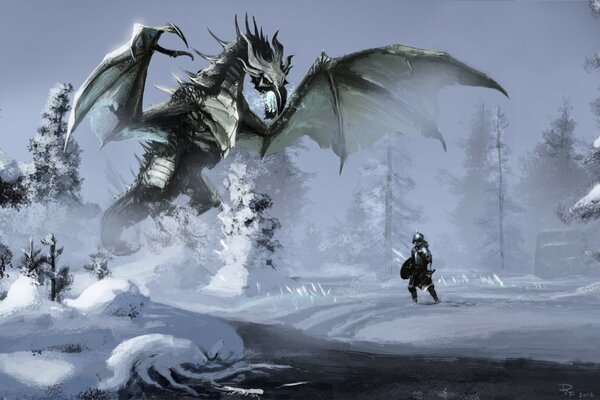 Arte Skyrim invierno dragón y guerrero en la nieve