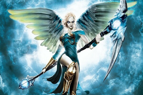 A girl with empty eyes wings and weapons