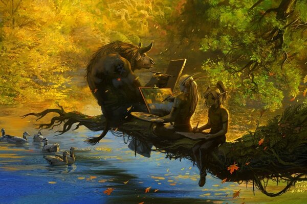 Autumn leaf fall over the lake. Bull with elves draws pictures