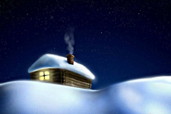 A snow-covered house with smoke from the chimney