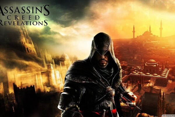 Il personaggio principale del gioco Assassins Creed sullo sfondo della città