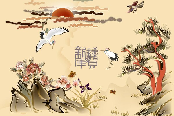 Chinesische Motive mit Vögeln, Bäumen, Blumen, Sonne und Hieroglyphen