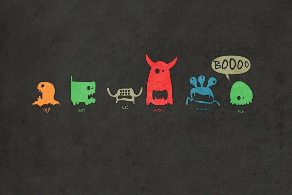 Hand-drawn multicolored monsters smiles on a dark background