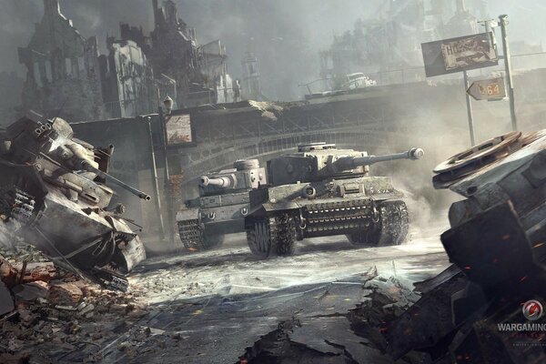 Pz IV Tiger tanks in a ruined European city