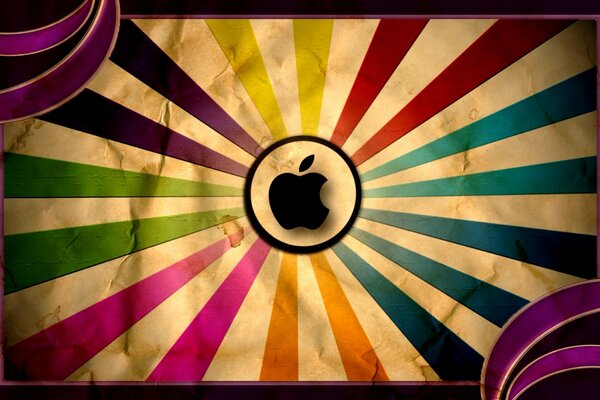 An unusual retro advertisement of the Apple company - an apple and multicolored rays from it
