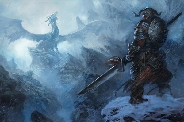 Воин с алебардой и дракон в горах из игры