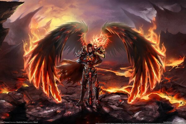 Dziewczyna w zbroi za ramionami, która jest aniołem ze skrzydłami ognia