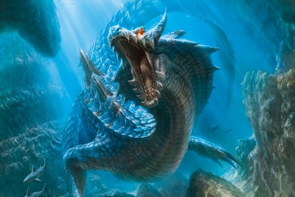 Dragon à la bouche ouverte dans les profondeurs de la mer