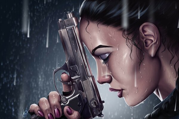 A girl in the rain with a gun in her hand