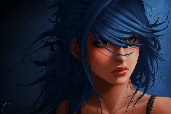 Fille aux yeux verts avec des cheveux bleus