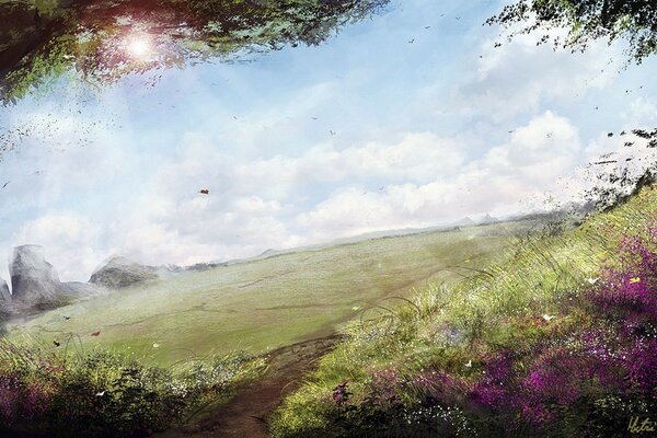 Dibujo de un paisaje con la imagen de un Prado de flores y el cielo