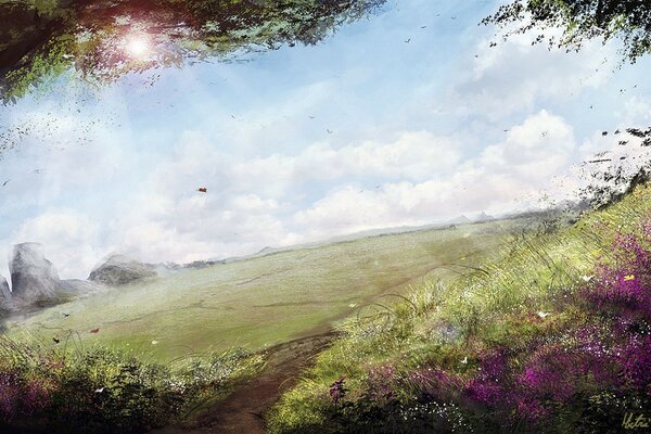 Dessin d un paysage avec l image d une Prairie de fleurs et de ciel